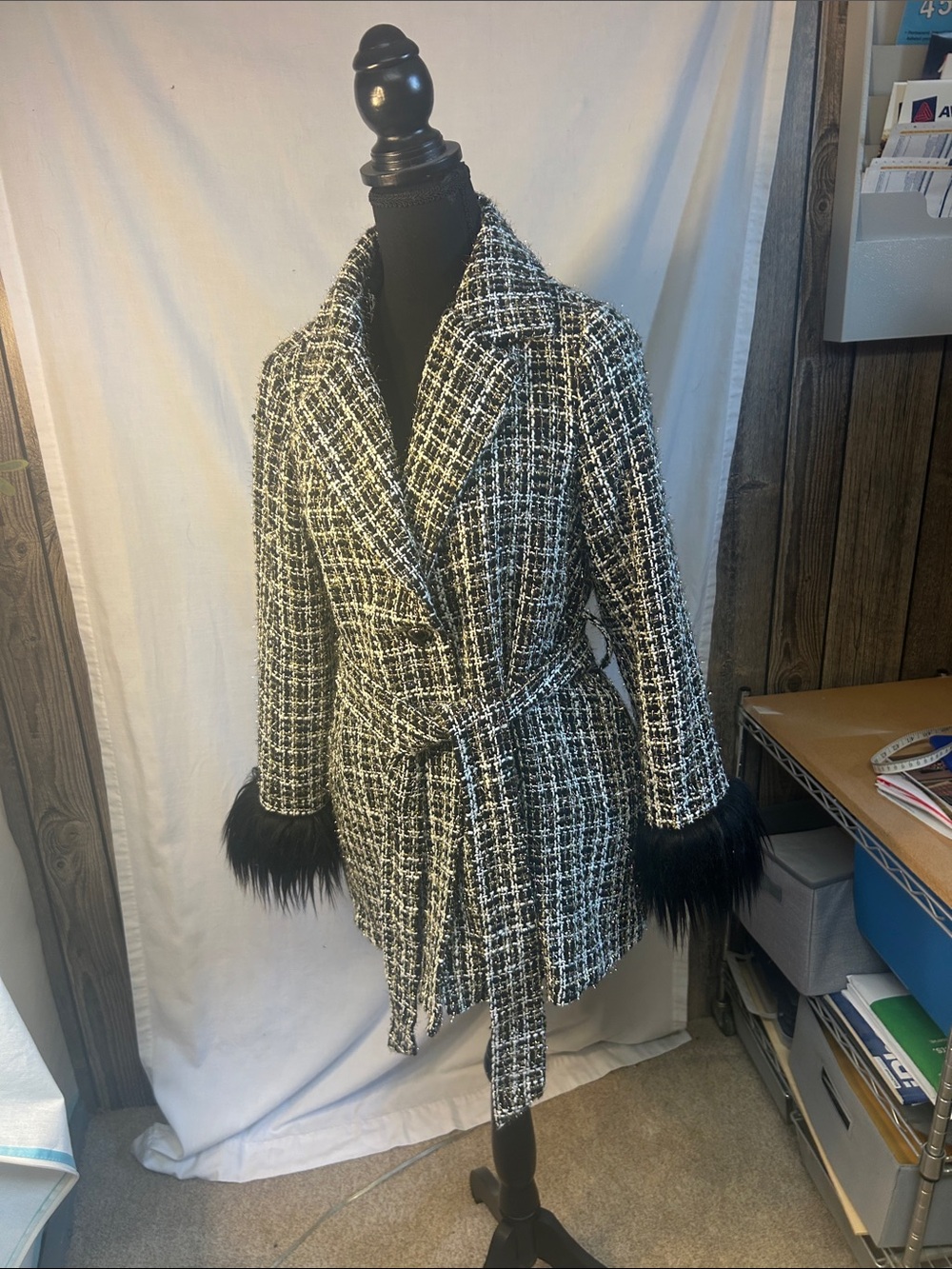 Source Unknown Black & White Tweed Belted Coat with Faux Fur Cuffs